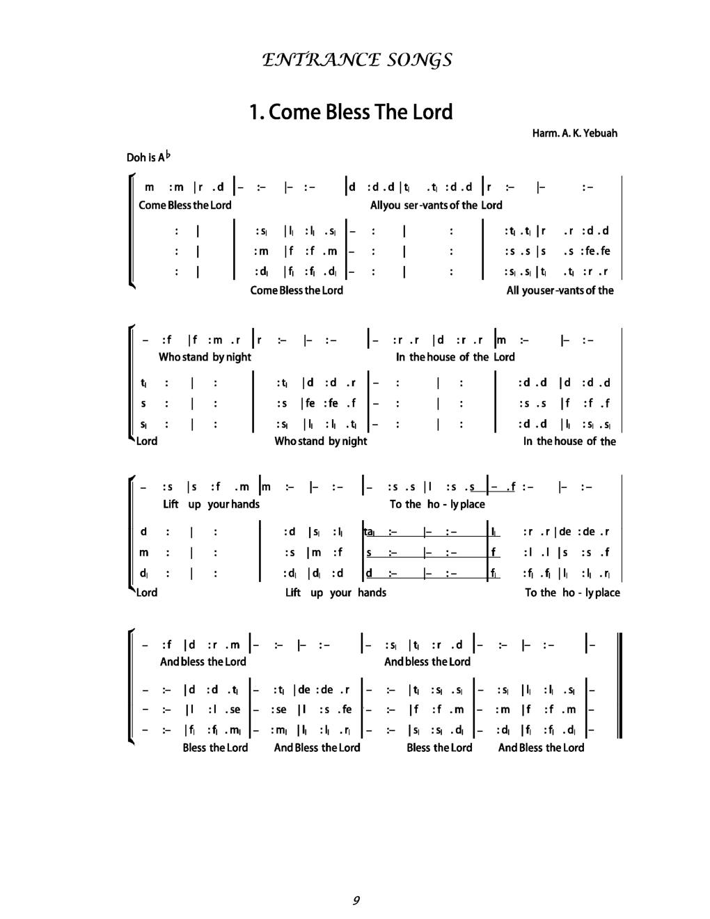 CH 1 Come Bless the Lord (2x) — Tonic Sol-Fa