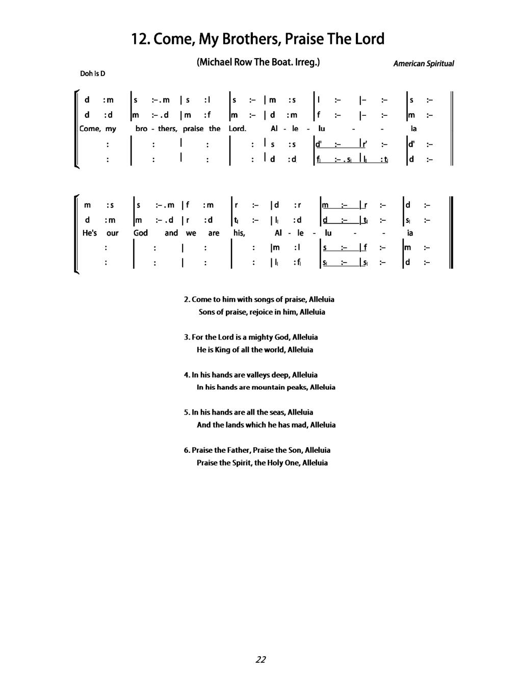 CH 12 Come, my brothers, praise the Lord. Alleluia, — Tonic Sol-Fa