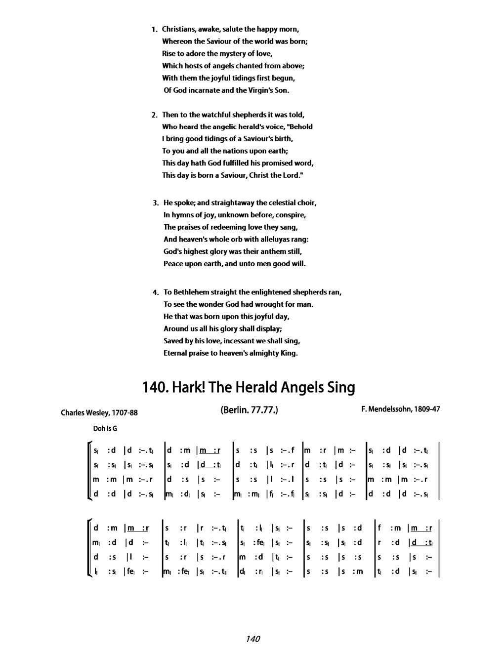 CH 140 Hark! The herald angels sing, — Tonic Sol-Fa