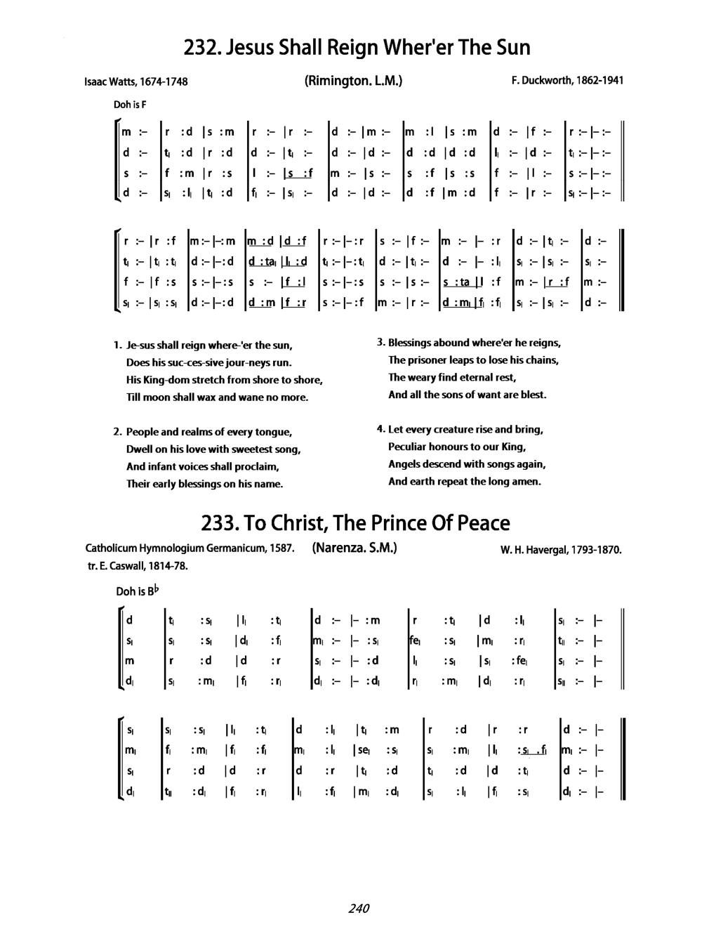 CH 232 Jesus shall reign where'er the sun, — Tonic Sol-Fa