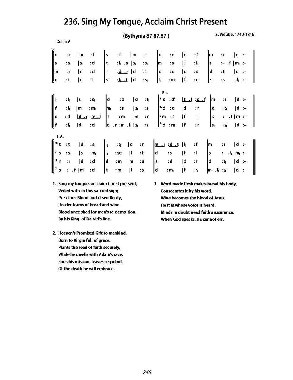 CH 236 Sing my tongue, acclaim Christ present — Tonic Sol-Fa