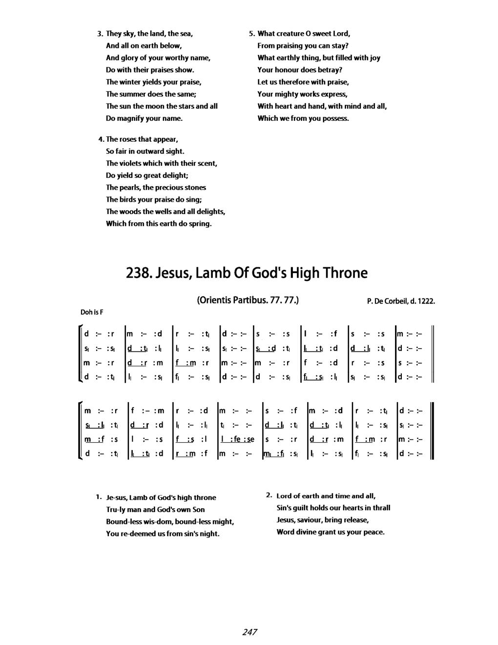 CH 238 Jesus, Lamb of God's high throne — Tonic Sol-Fa