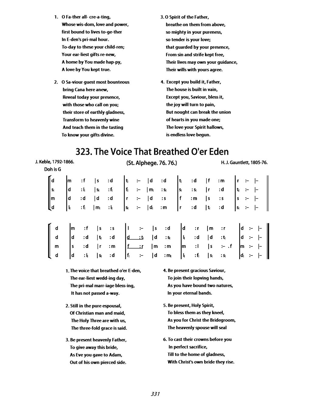 CH 323 The voice that breathed o’er Eden, — Tonic Sol-Fa