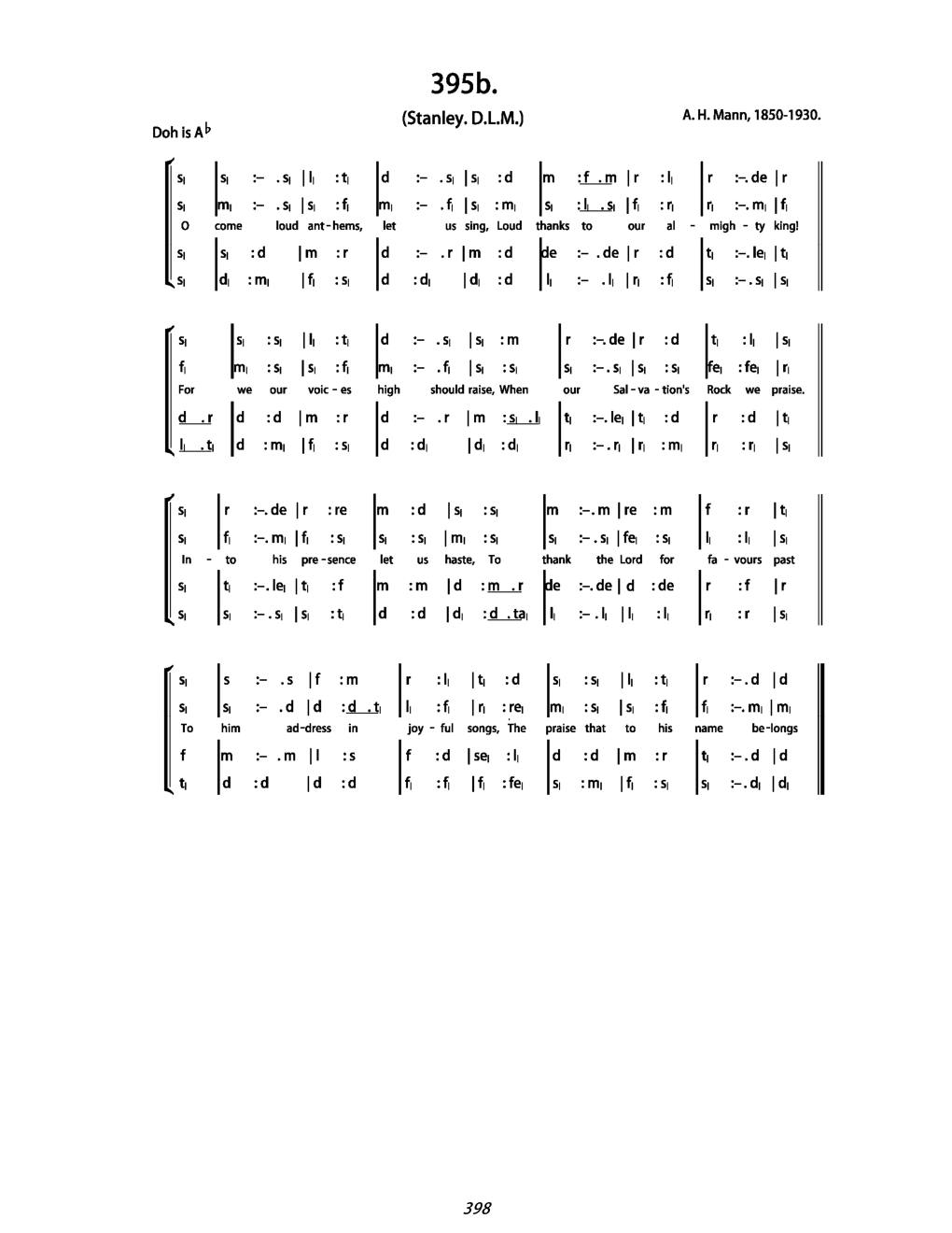 CH 395 O come, loud anthems let us sing, — Tonic Sol-Fa