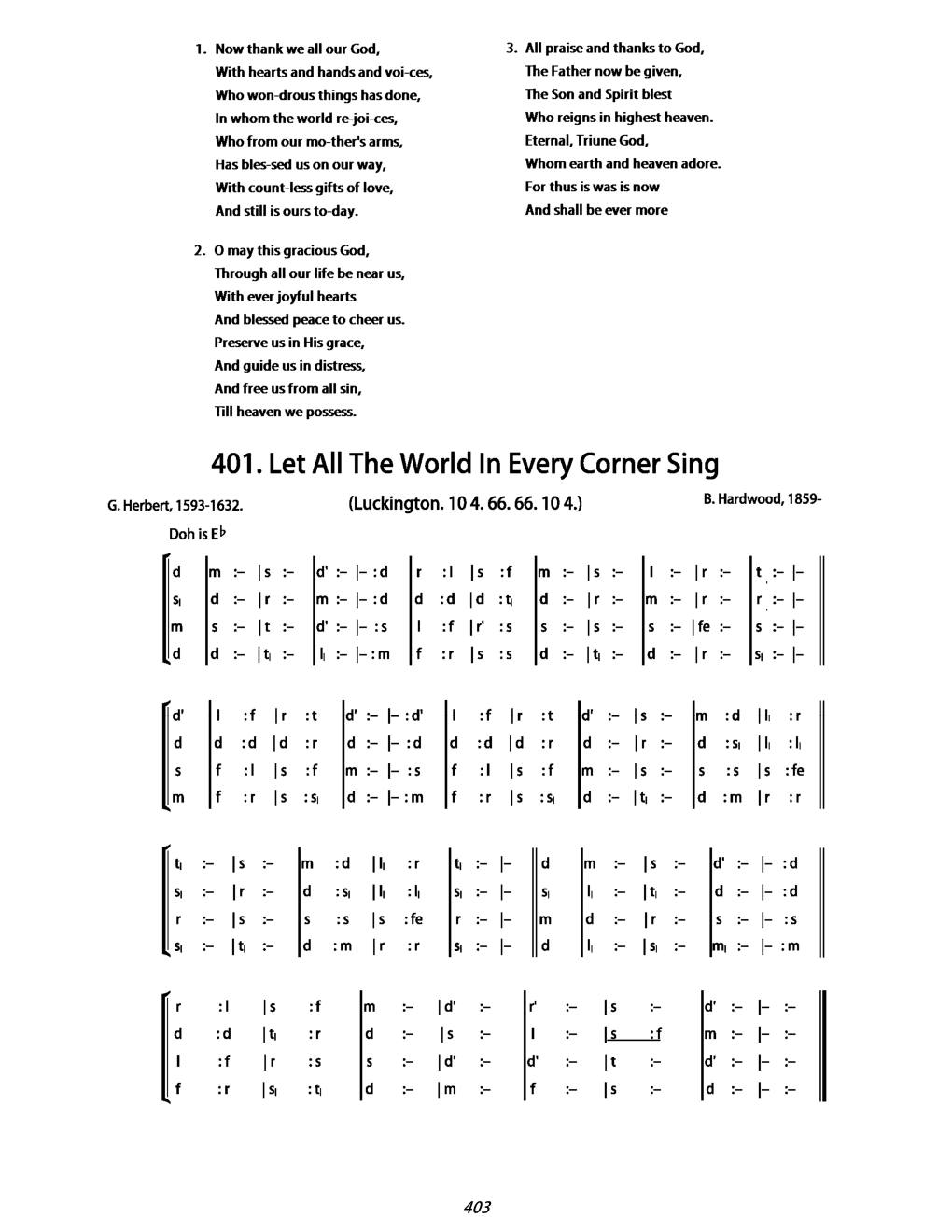 CH 401 Let all the world in every corner sing, — Tonic Sol-Fa
