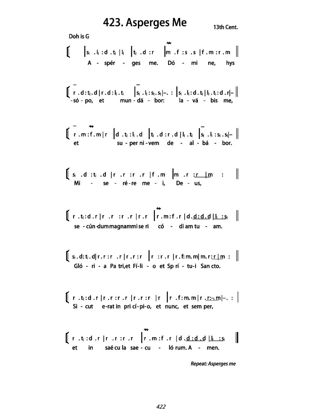CH 423 Asperges me, Domine, hyssopo, — Tonic Sol-Fa