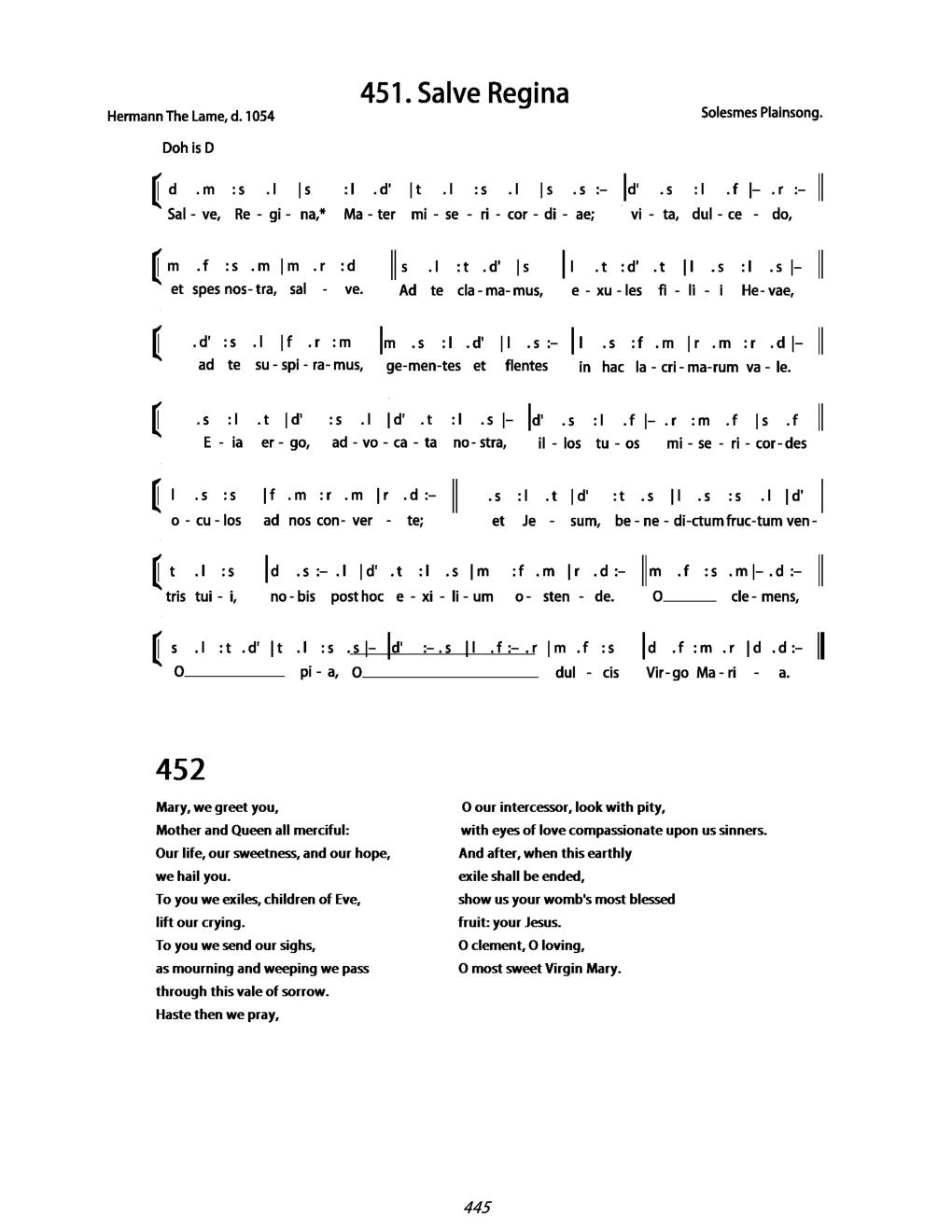 CH 451 Salve, Regina, mater misericordiae: — Tonic Sol-Fa