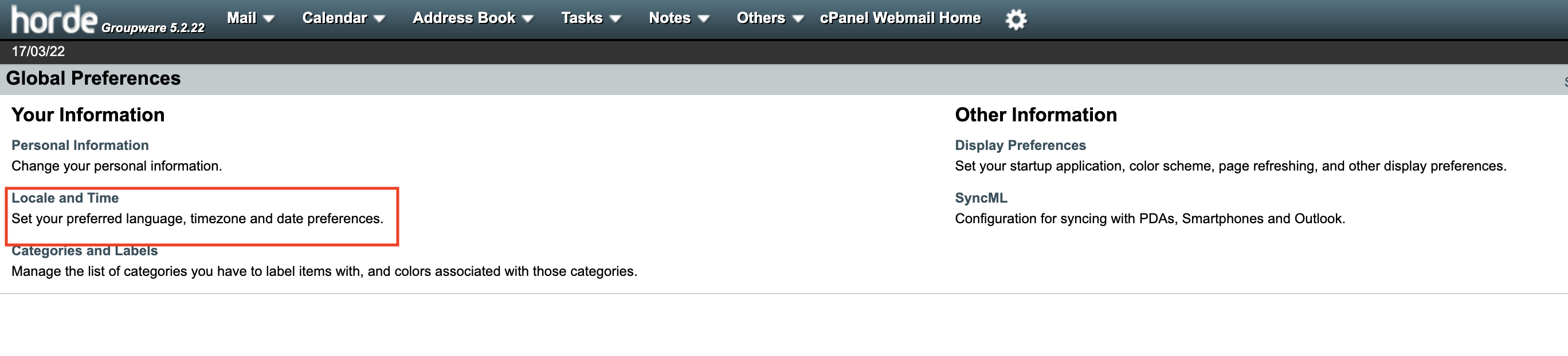 Webmail horde localeandtime