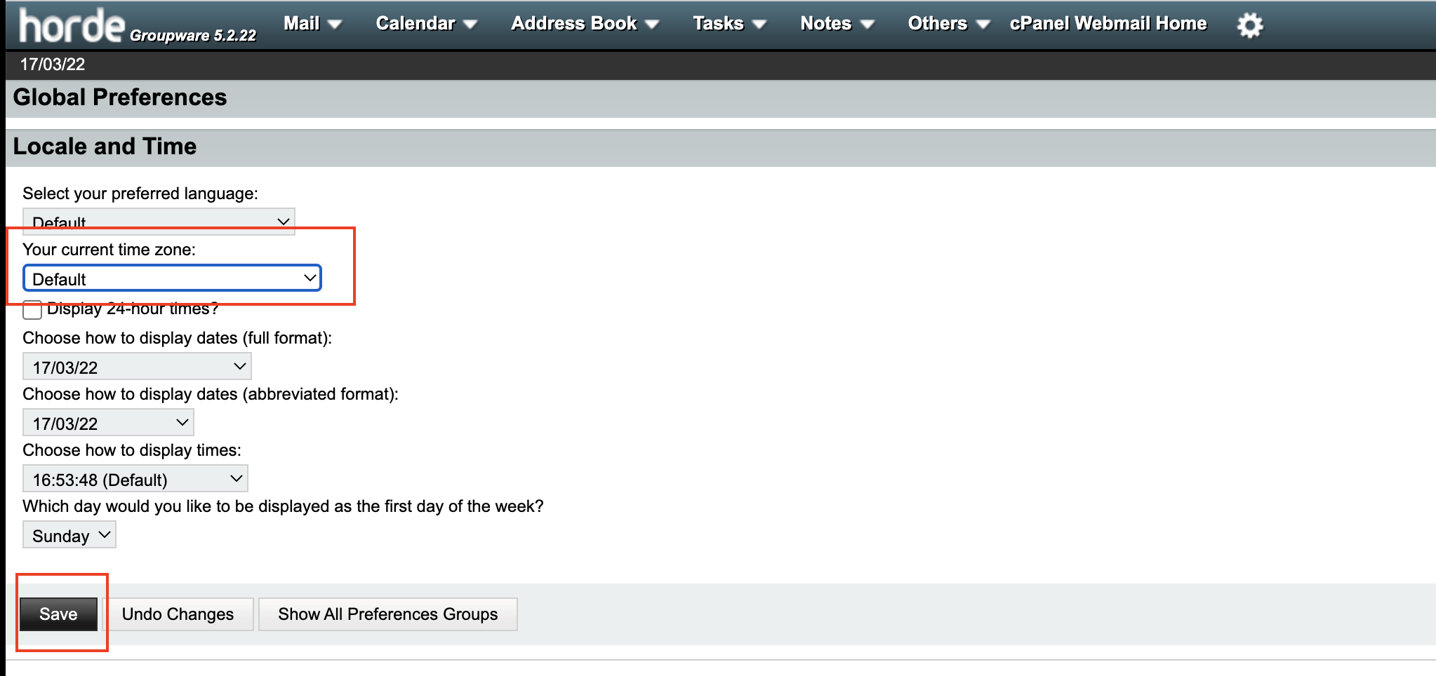 Webmail horde timezone setting